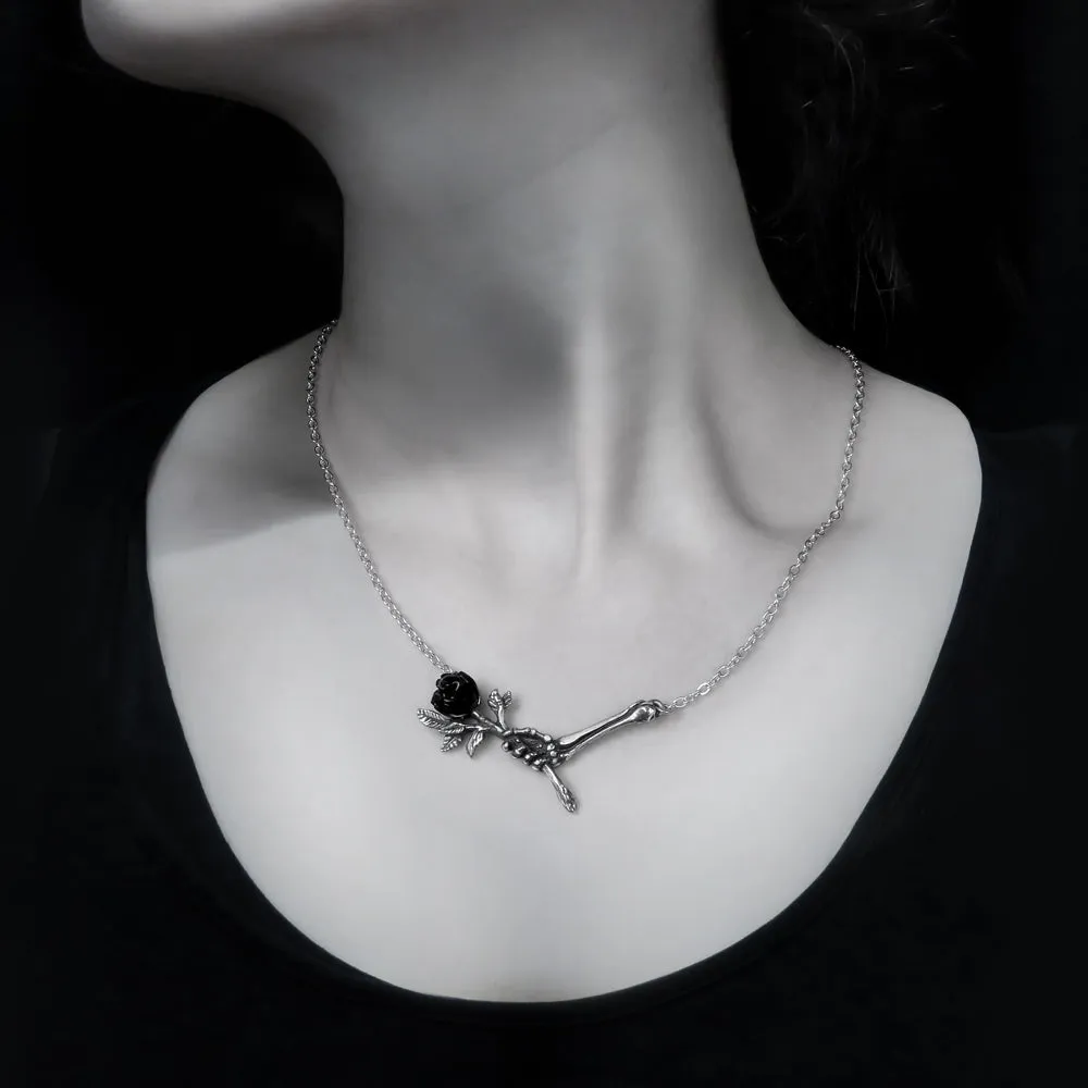 Love Never Dies Necklace, Black Rose & Skeleton Hand by Alchemy Gothic