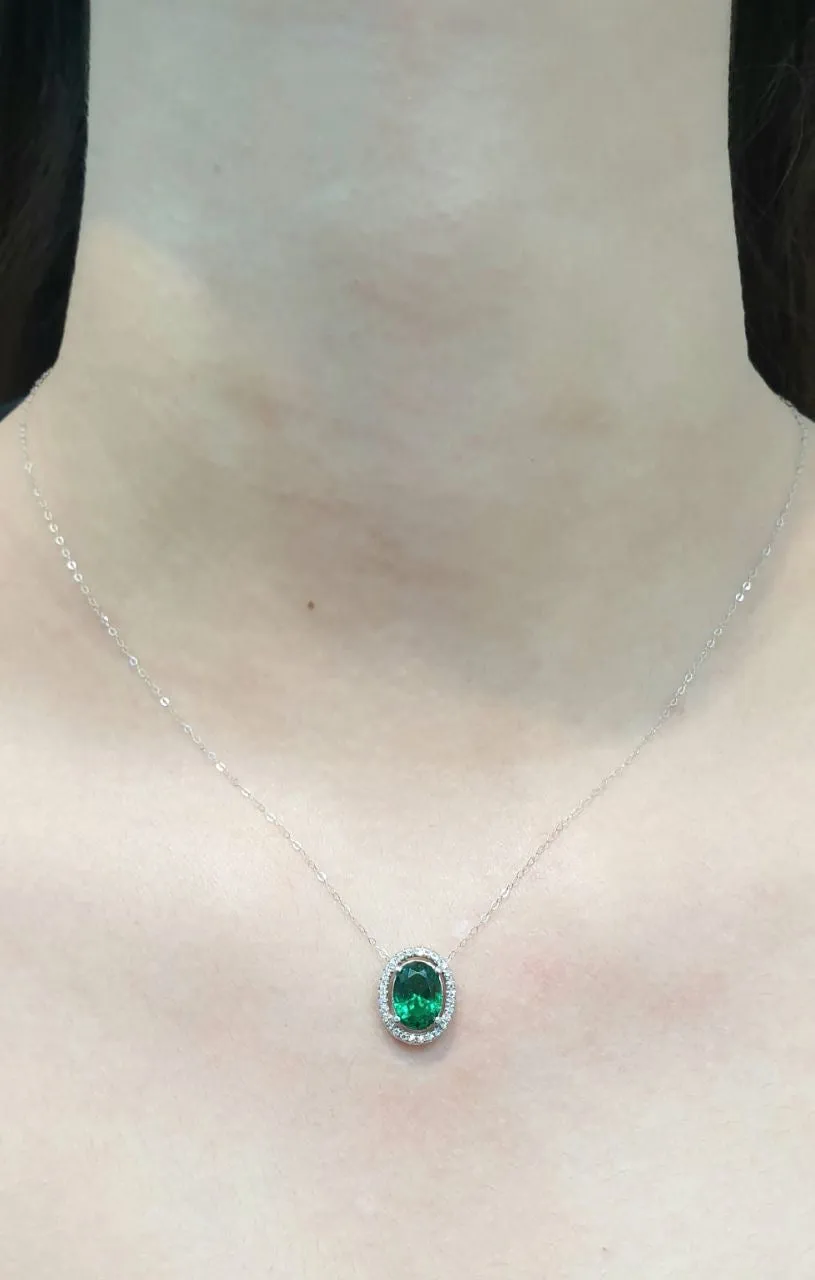 #LoveLVNA | Oval Green Emerald Halo Gemstones Diamond Necklace in 16-18” 18kt