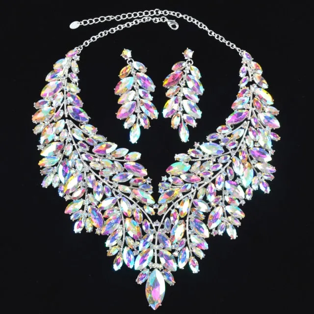 Luxurious Dubai Style Wedding Jewelry Sets Rhinestone Crystal-Bridal-Evening Necklace and Earrings