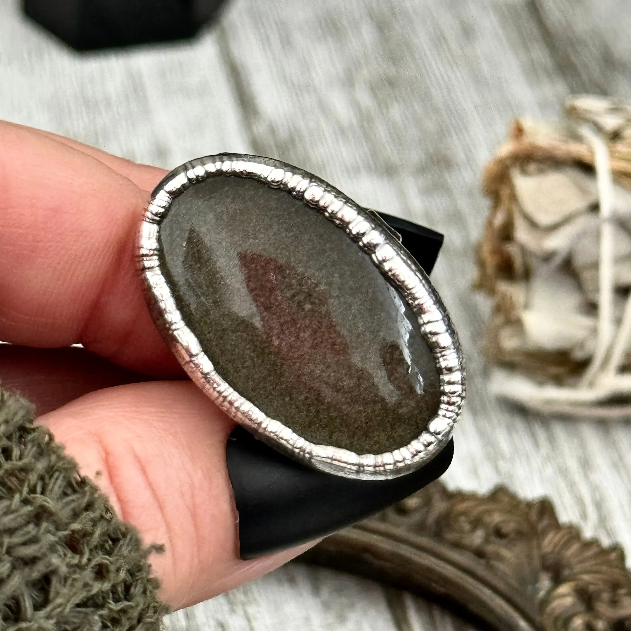 Silver Sheen Obsidian Ring Silver Size 8 / Foxlark Collection