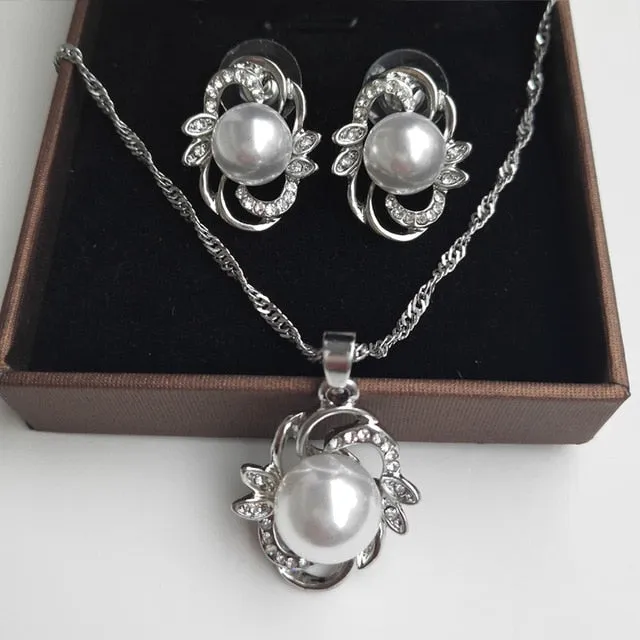 Simulated Pearl Jewelry Necklace-Earring Sets Fashion Gold or Silver-Women Wedding Jewelry