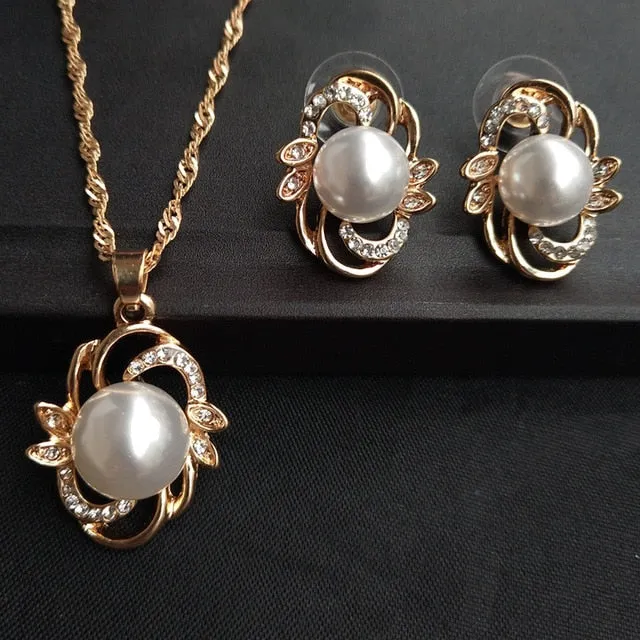 Simulated Pearl Jewelry Necklace-Earring Sets Fashion Gold or Silver-Women Wedding Jewelry