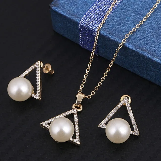 Simulated Pearl Jewelry Necklace-Earring Sets Fashion Gold or Silver-Women Wedding Jewelry