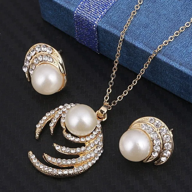 Simulated Pearl Jewelry Necklace-Earring Sets Fashion Gold or Silver-Women Wedding Jewelry