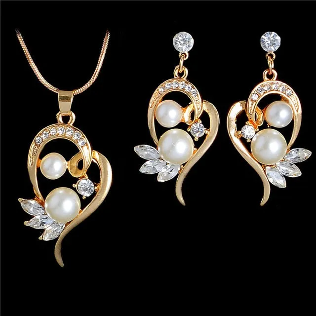 Simulated Pearl Jewelry Necklace-Earring Sets Fashion Gold or Silver-Women Wedding Jewelry