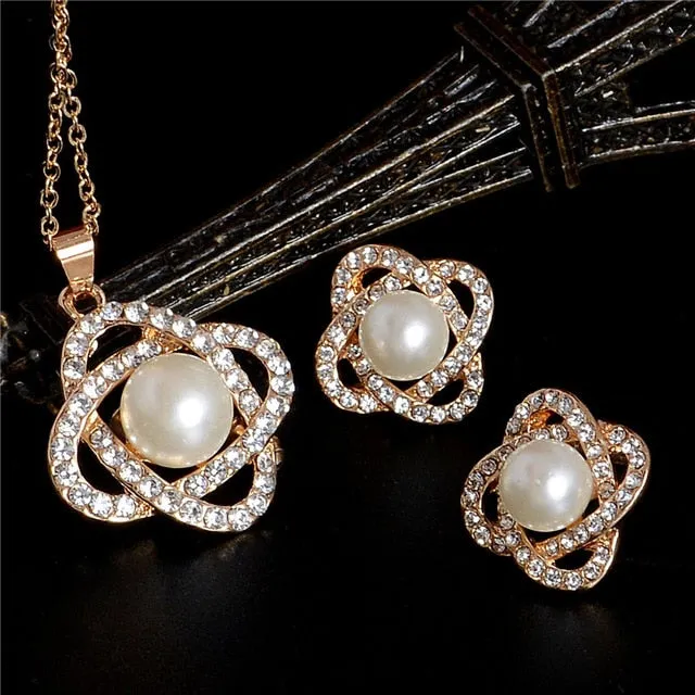 Simulated Pearl Jewelry Necklace-Earring Sets Fashion Gold or Silver-Women Wedding Jewelry