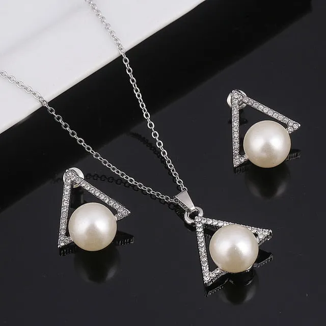 Simulated Pearl Jewelry Necklace-Earring Sets Fashion Gold or Silver-Women Wedding Jewelry