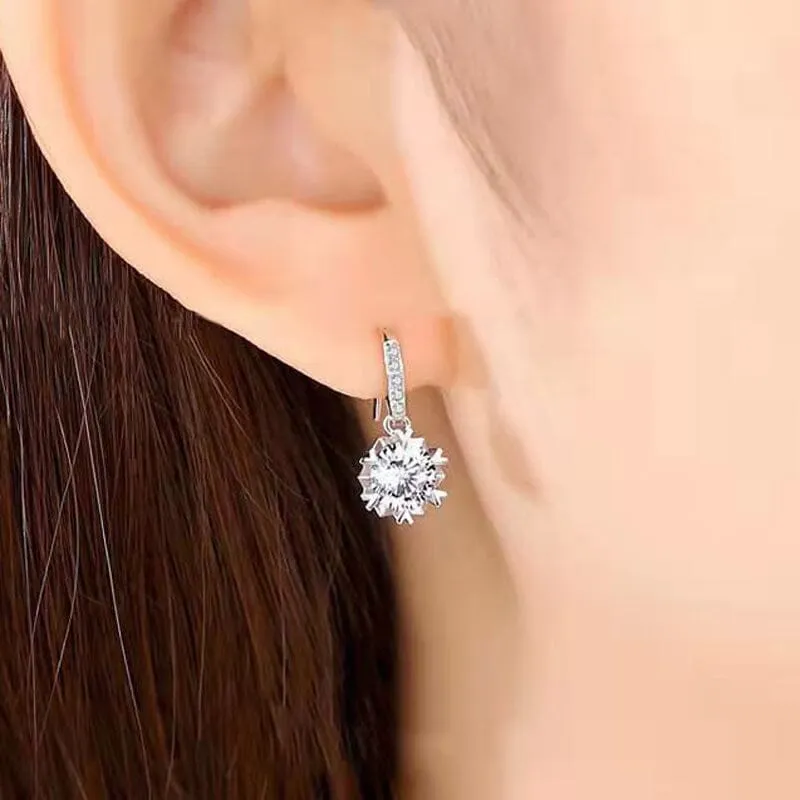 Snowflake Diamond Drop Earrings - 925 Sterling Silver