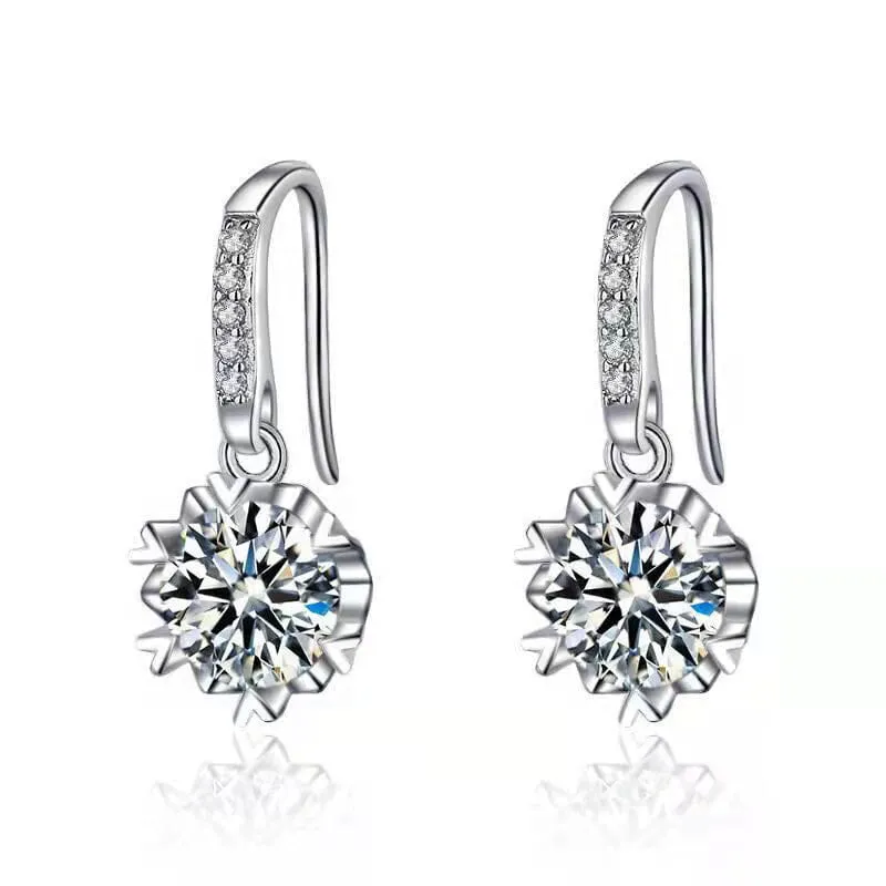 Snowflake Diamond Drop Earrings - 925 Sterling Silver